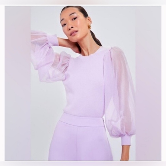 Tuckernuck Lilac Knit Betsy Blouse Size S NWT Sheer Puff Sleeve Stretchy Ribbed - Picture 10 of 11